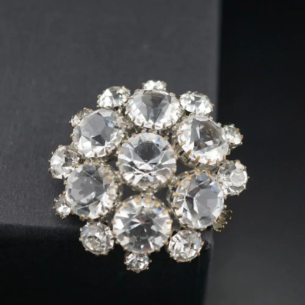 Vintage Clear Rhinestone Dome Cluster Brooch Silver Tone Pin Statement Retro MCM